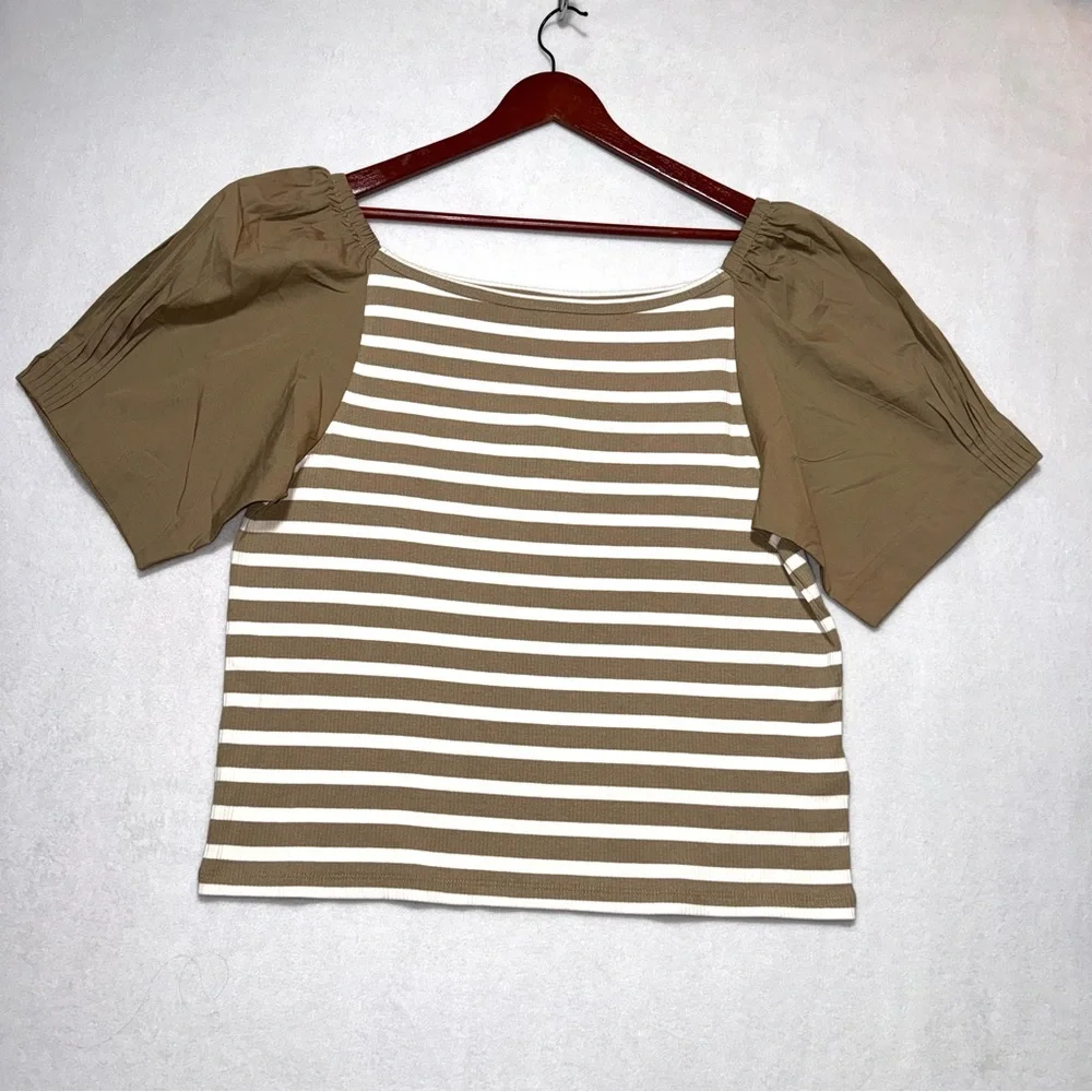 NWT J.Crew Off-the-Shoulder Puff Short Sleeve Coquette Shirt Brown White Size 2X - Picture 3 of 11